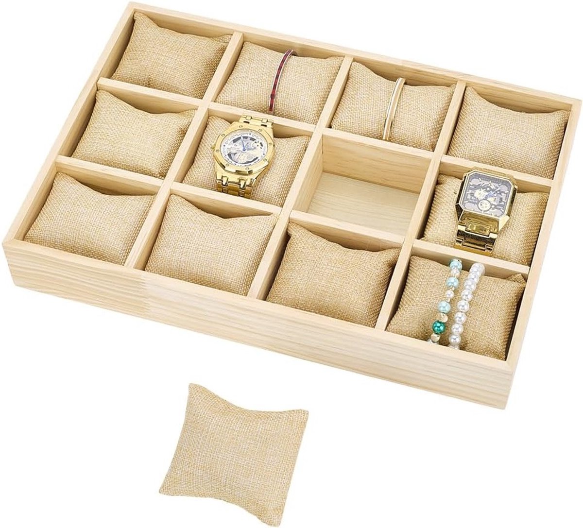 Houten Opbergdoos met 12 Compartimenten voor Horloges en Armbanden, Inclusief Verwijderbare Linnen Kussens voor een Stijlvolle Presentatie
