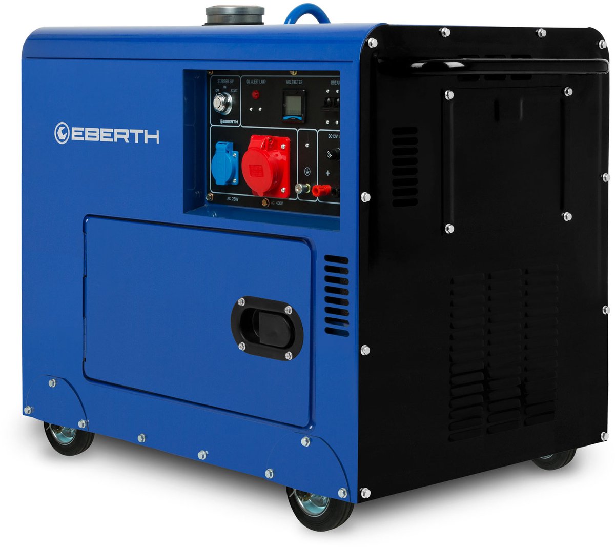 EBERTH 5000 watt dieselnoodstroomaggregaat, stroomgenerator met 10 pk dieselmotor, viertakt, elektrische start, driefasig, 1x 400 V, 1x 230 V, 1x 12 V, automatische spanningsregelaar (AVR), behuizing, handgrepen, wielen