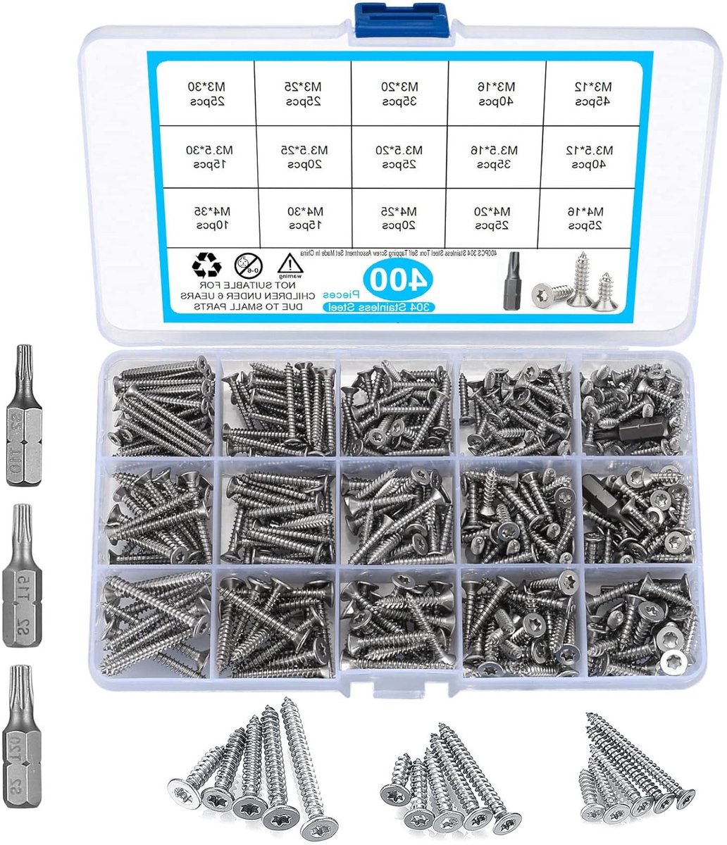 Assortiment van 400 Zelftappende Schroeven in RVS met Torx Kop voor Hout en Gipsplaat, M3 tot M4, 12 mm tot 35 mm