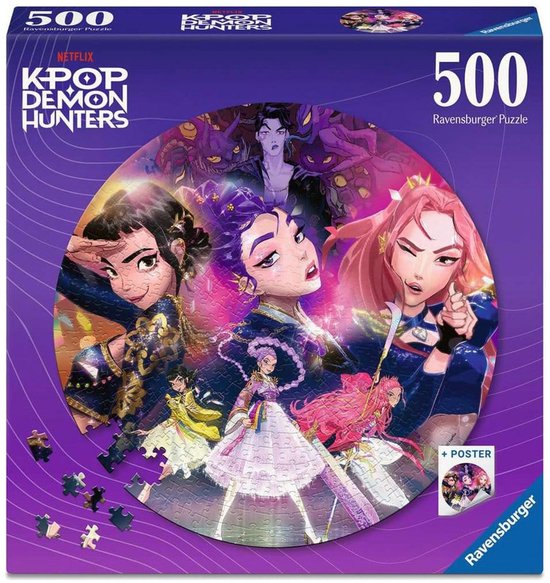 Ravensburger 500 stukjes ronde puzzel met de K-Pop Demon Hunters, met vier meiden in felgekleurde outfits.