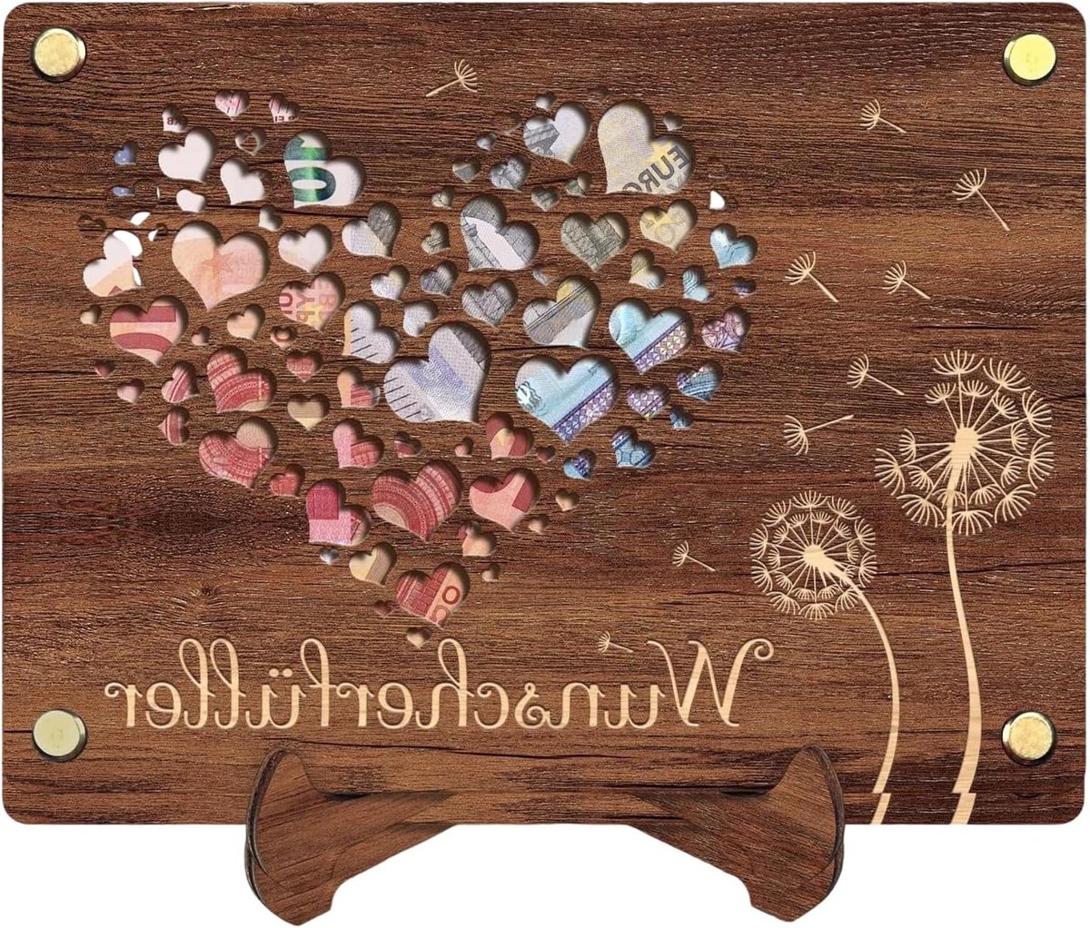 Hartvormige Geld Geschenkset voor Bruidspaar en Feesten - Houten Stand, Kaart en Wensvullingen voor Verjaardag, Huwelijk en Bijzondere Gelegenheden