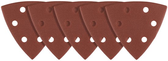 Vijf bruine driehoekige schuurpapiertjes met elk zes witte gaten, gerangschikt in een rij.