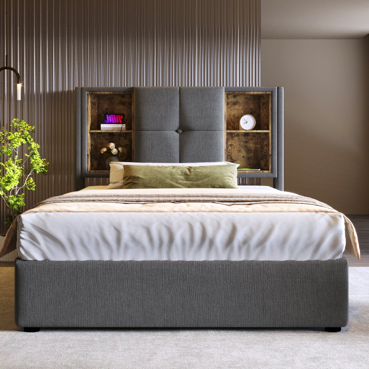 VVBV Bed met opbergruimte 90x200 / Gestoffeerd bed 90x200 / Eenpersoonsbed 90x200 – Matras Niet Inbegrepen – met USB, USB-C, Lattenbodem – Grijs