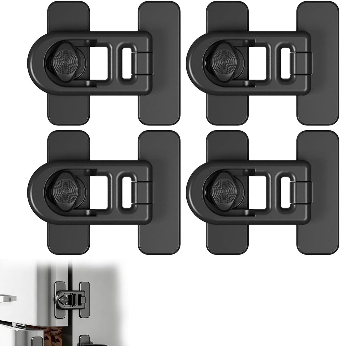 Veilige Deurslot voor Koelkast voor Kinderen - 4 Stuks Zwarte ABS Sloten met 90° Rotatie voor Babybescherming van Koelkast, Lades en Kasten