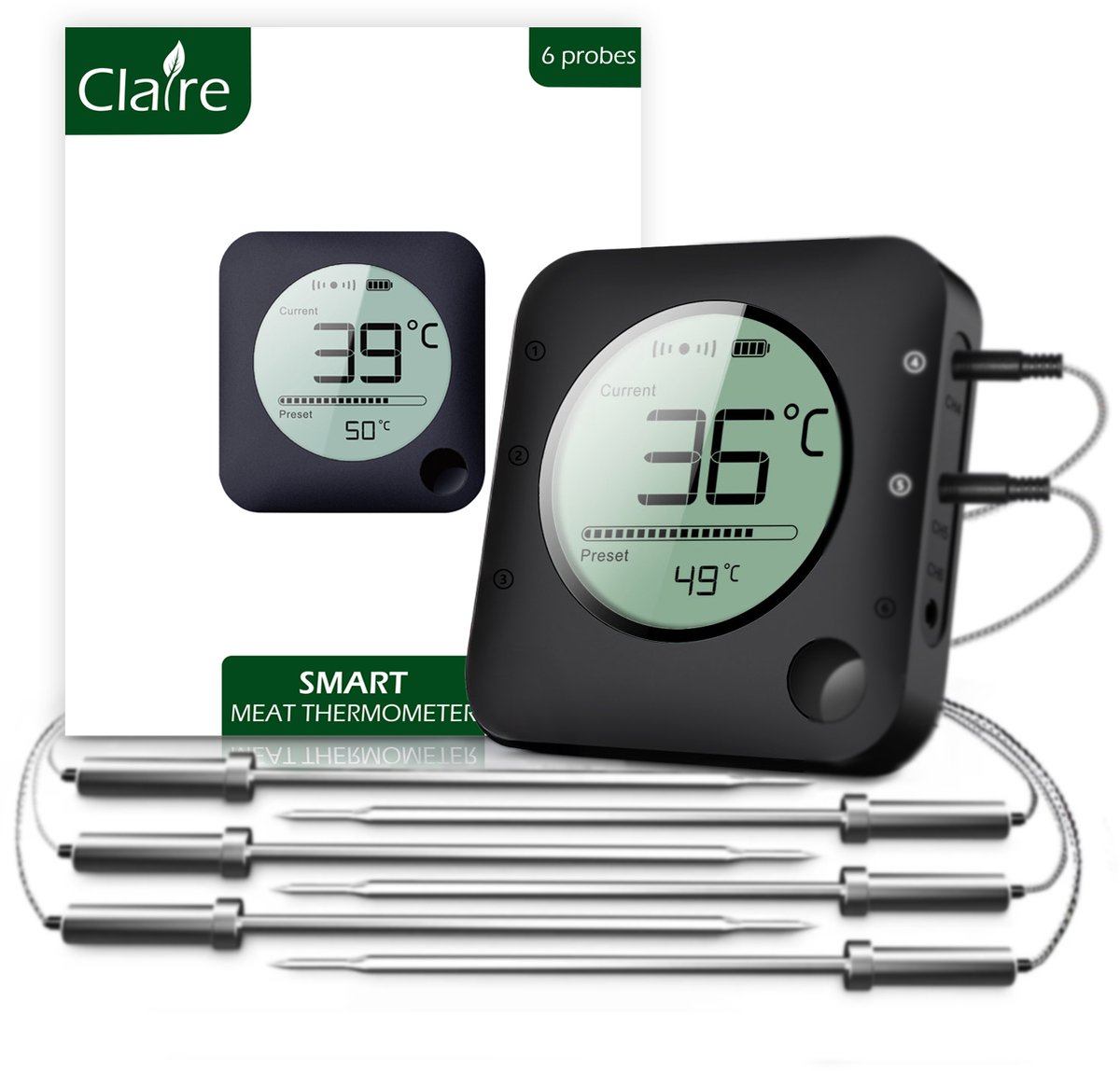 Bol.com Claire BBQ thermometer - Vleesthermometer - Oventhermometer - Draadloos met app - Incl. Batterijen en 6 meetsondes aanbieding