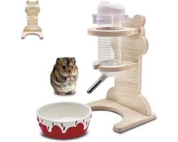 Hamster drinkfles met standaard, 125 ml - Knaagdierdrinker - Hamstervoederbak - Keramiek en hout - Zwaartekrachtvoer - Wit.