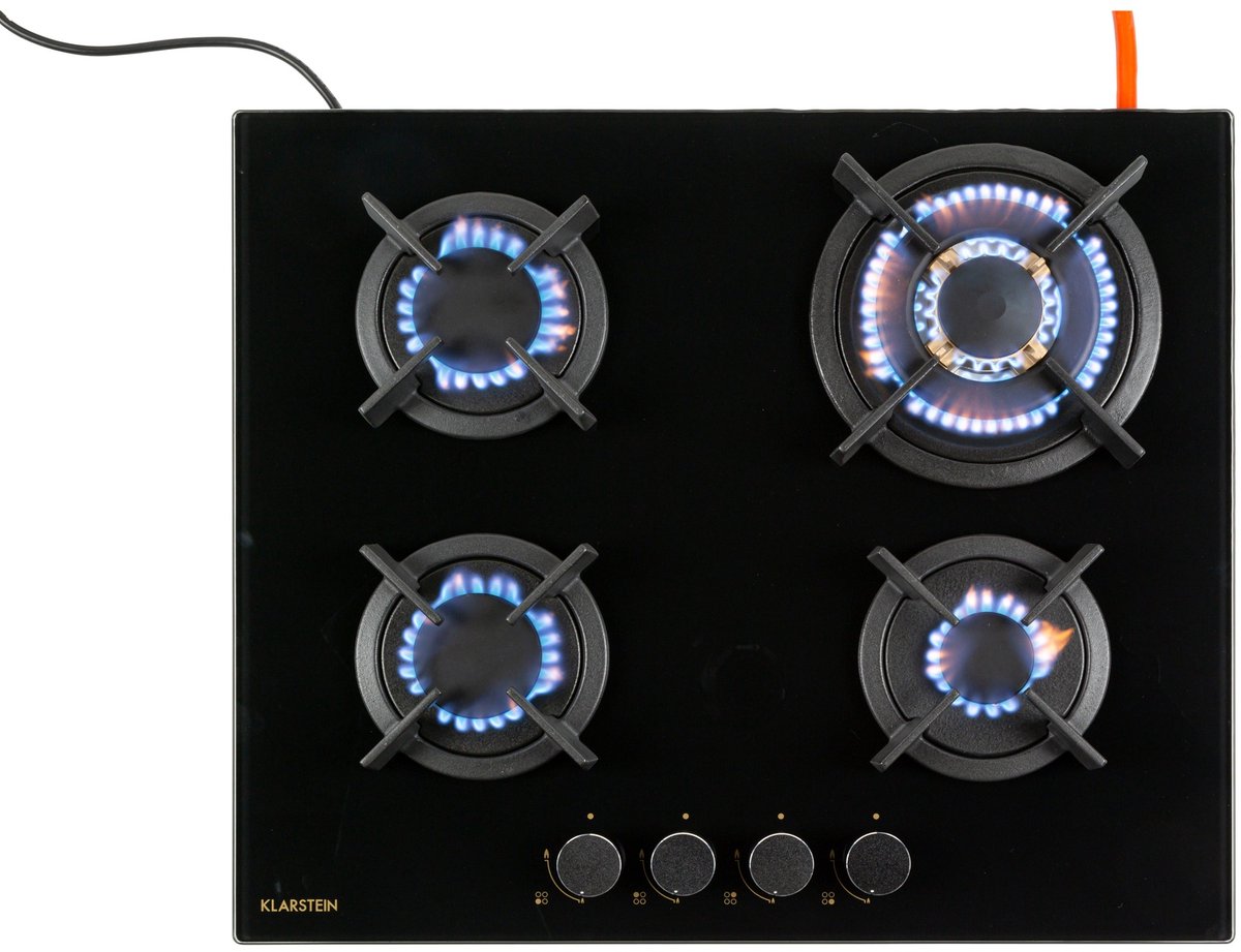 Klarstein Gaskookplaat Goldflame Domino 4 Pitten - 8000 W - Branders - glaskeramisch Oppervlak - Comfortabele Bediening Met Snap Jet-Ignition - Eenvoudige Reiniging - Energiebesparend - Alles Inclusief - Veilig En praktisch - Zwart