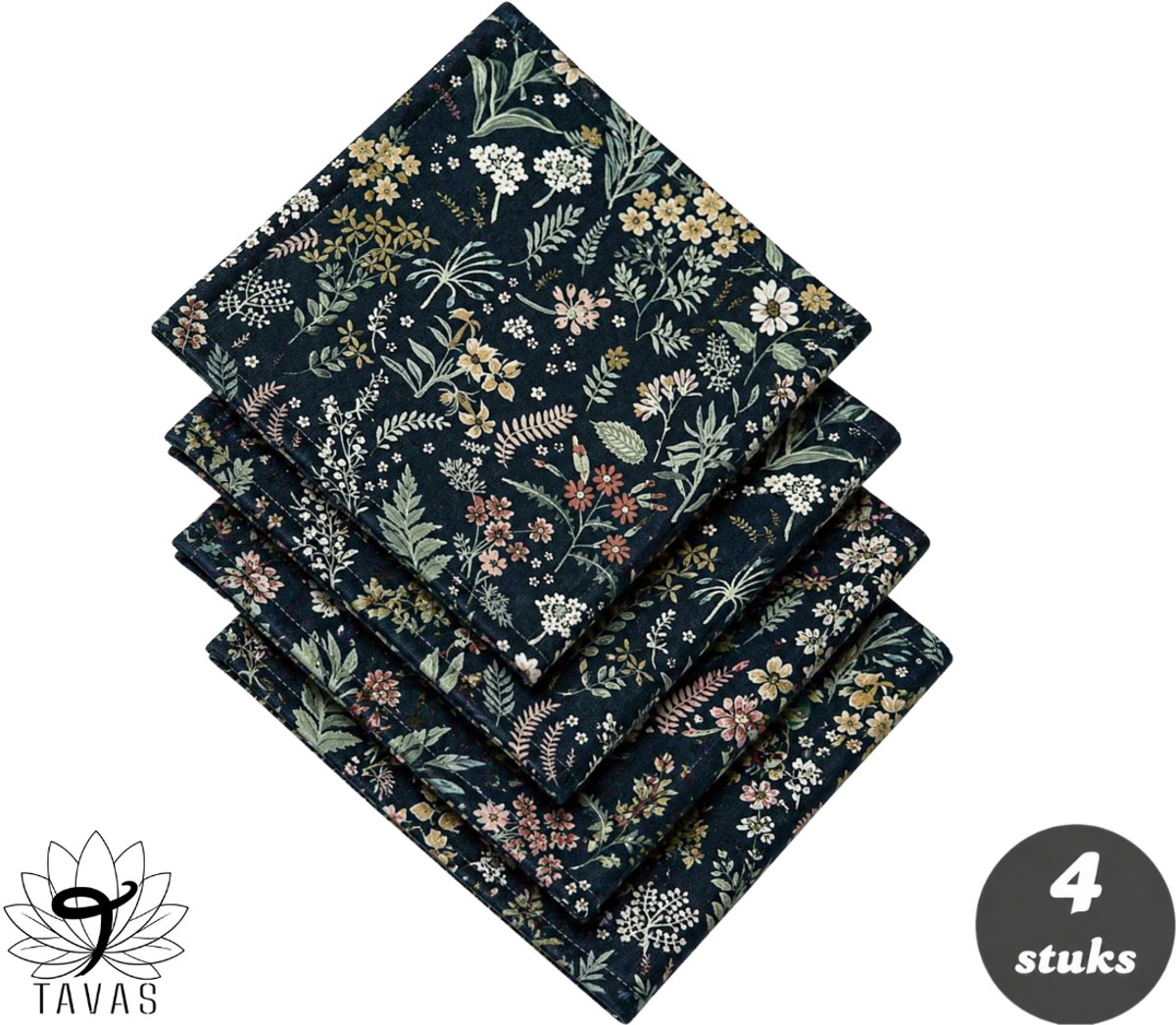Tavas Servetten - 30 x 30 cm - Set van 4 stuks - Donkerblauwe Bloemen - Katoen