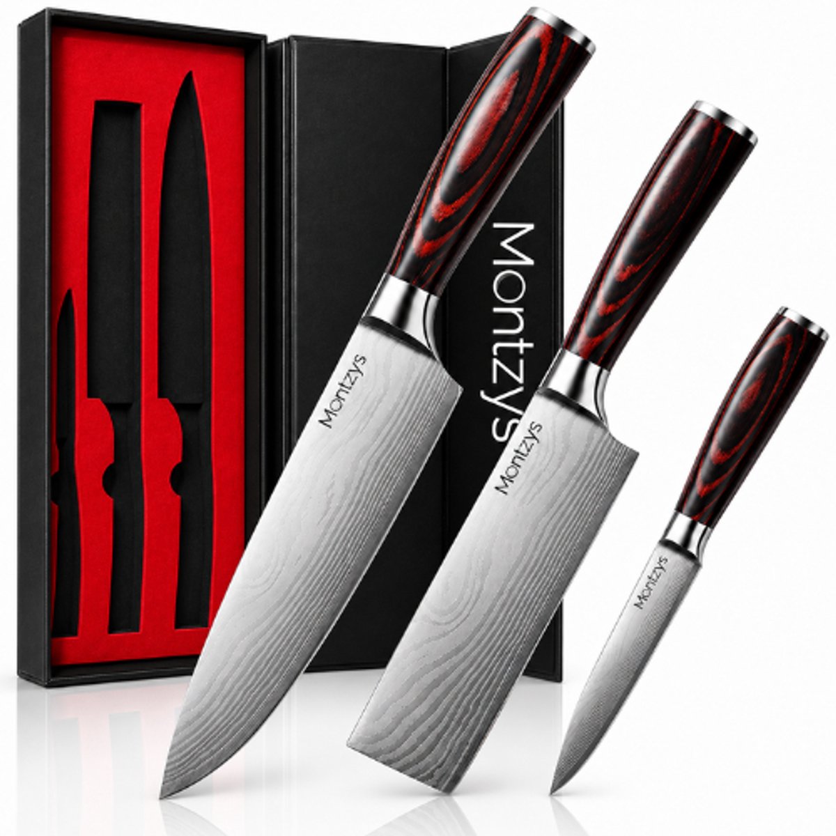 Montzys® Professionele Messenset 3-Delig - Koksmes & Hakmes met Japans Damascus Stijl - Schilmesjes & Dunschiller - Inclusief Beschermers & Luxe Geschenkdoos