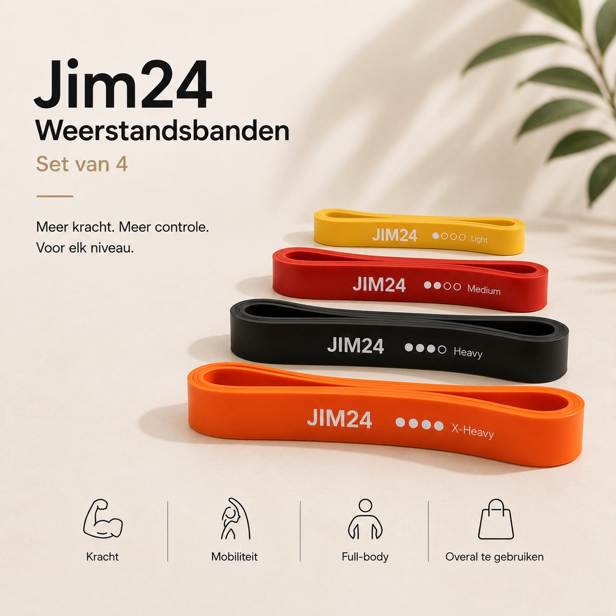 Jim24 Weerstandsbanden - Resistance Bands - Set van 4 - Fitness Elastieken - Krachttraining - Crossfit - Thuis Workout - tot 100kg
