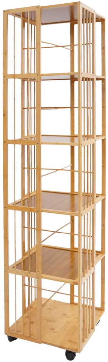 Happiq Draaibare boekenplank – Voor boekenopslag – 360° draaiend, meerlaagse toren – Donkerbruin hout (37×37×162 cm) Logo color