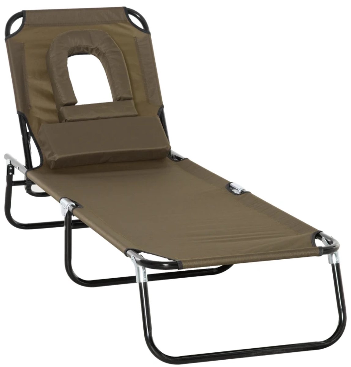 Ligbed met Hoofdsteun - Opvouwbaar - Ligstoel met 4-standen Verstelbare Rugleuning - Tuinstoel - Strandstoel - Campingligstoel - tot 120 kg - Zonnebed - Relaxstoel voor Tuin, Terras, Zwembad & Balkon - Bruin