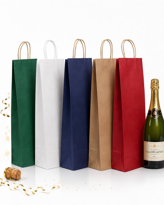Vijf papieren flestassen in groen, wit, blauw, bruin en rood, naast een fles champagne.