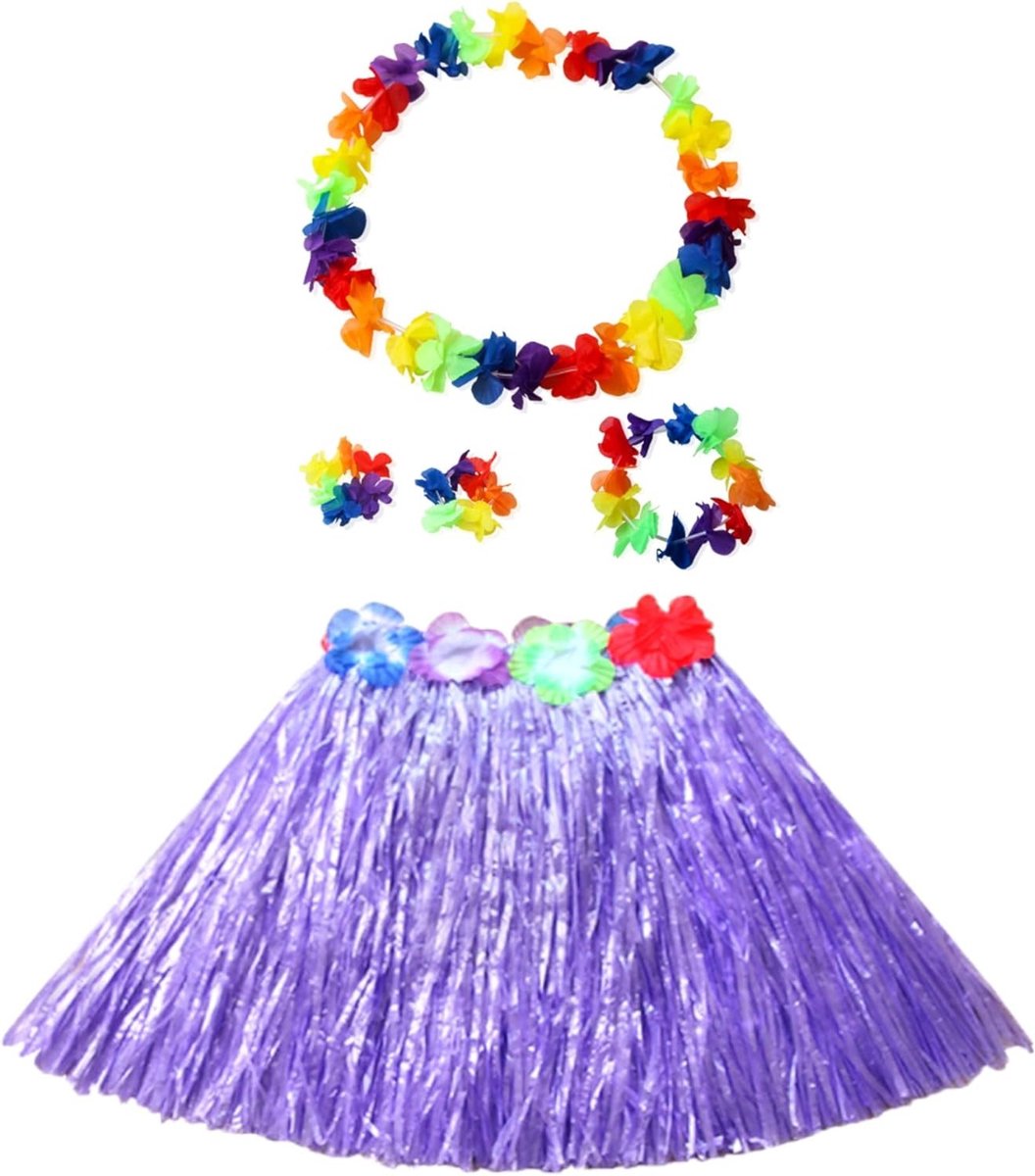 Hawaiiaanse Grass Hula Rok met Krans voor Feestelijke Kostuums, Geschikt voor Verjaardagsfeesten, Carnaval en Themafeesten (Paars)