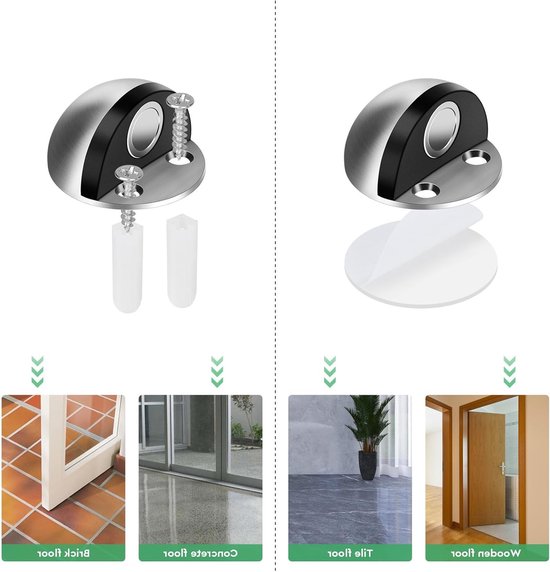 Set van 4 Magnetische Deurstoppers van RVS met Plakstickers en Schroeven, Ideaal voor Wand- en Deurbescherming tegen Schade — afbeelding 4
