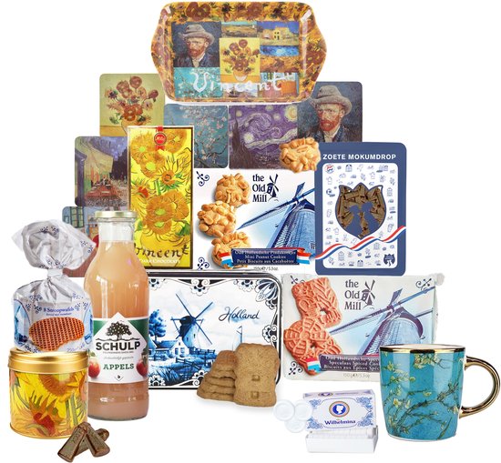 Uitgebreid Van Gogh cadeaupakket met mok, schaal, koekjes, chocola, sap en meer.