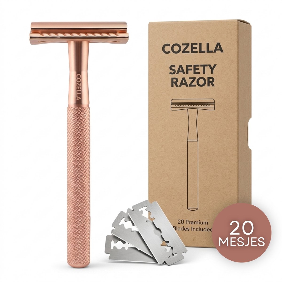 COZELLA® Safety Razor Rosé Goud – RVS Scheermes voor Mannen en Vrouwen – 20 Scheermesjes – Ingegroeide Haren