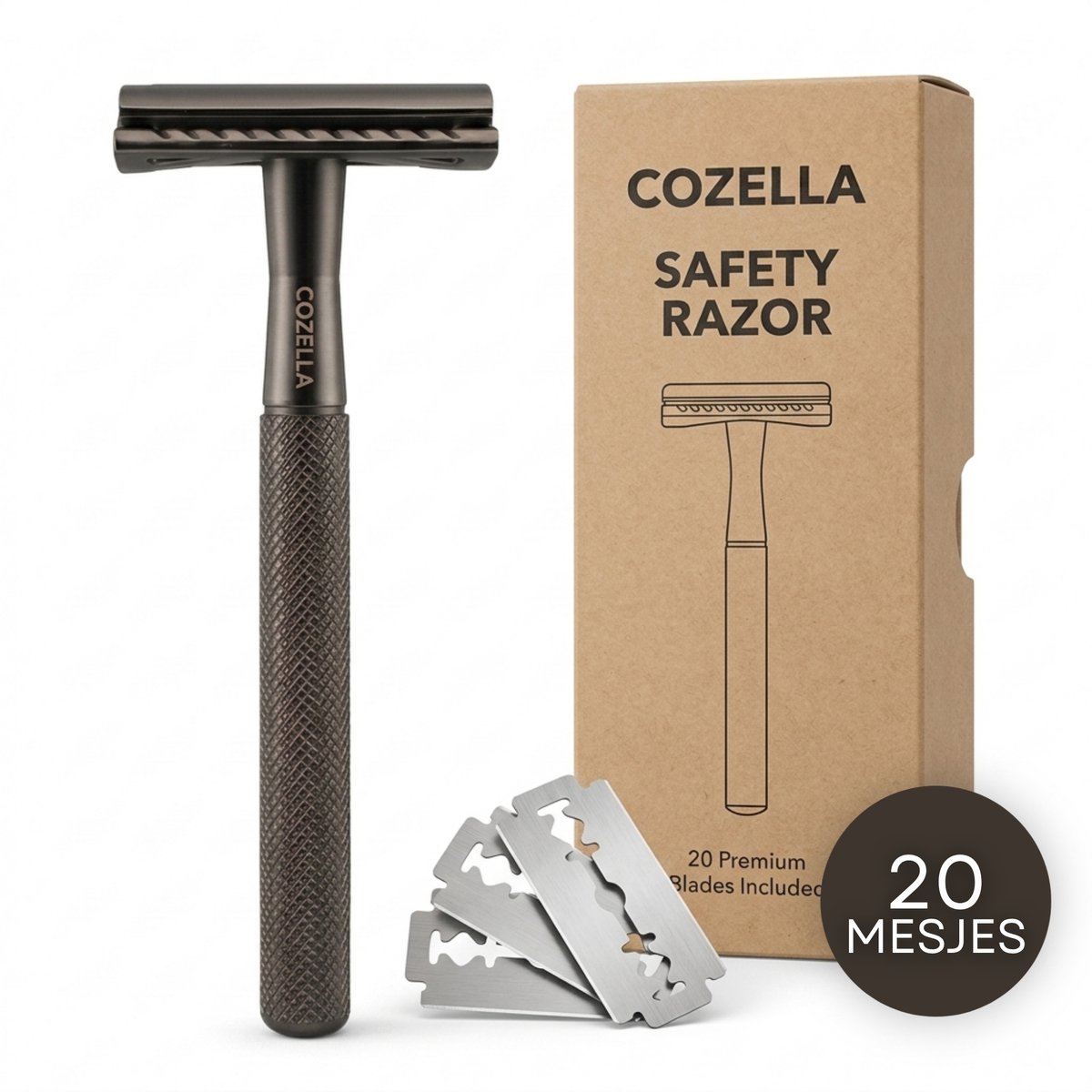COZELLA® Safety Razor Zwart – RVS Scheermes voor Mannen en Vrouwen – 20 Scheermesjes – Ingegroeide Haren