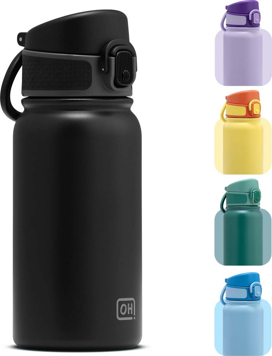 BentOH! RVS Waterfles 350ml Kinderen & Volwassenen - Zwart - Anti-overloop & Lekvrij – Met Eén Hand te Openen – BPA-vrij & Vaatwasserbestendig