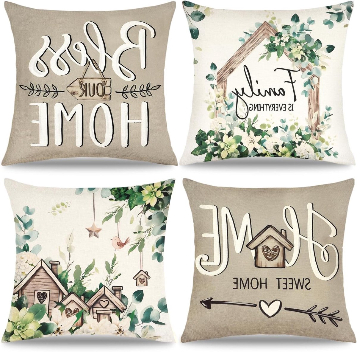 Set van 4 Waterdichte Kussenhoezen 45 x 45 cm met Groene Plantenprint voor Binnen en Buiten, Perfect voor Balkon, Tuin en Woonkamer