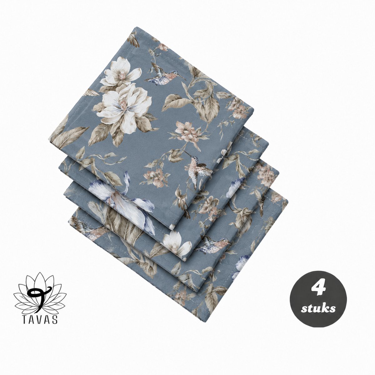 Tavas Servetten - 30 x 30 cm - Set van 4 stuks - Staalblauw - Vogeltuin - Katoen