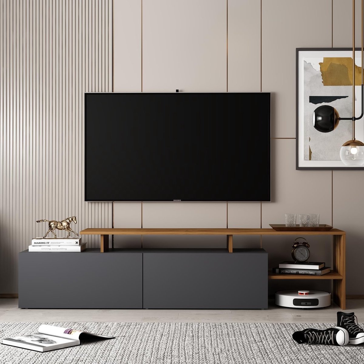 Moderne woonkamer wandmeubelset met TV-kast, laag TV-meubel en opbergkast, 2 deuren, 197 c