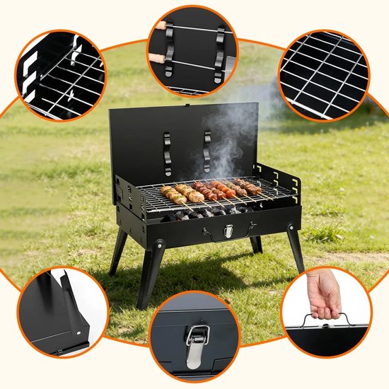 RosaBloom Opvouwbare Houtskool Barbecue - Draagbare Koffer BBQ - Compact Mini Grillrek met Gereedschapset - Zwart - 43x26,5cm — afbeelding 4