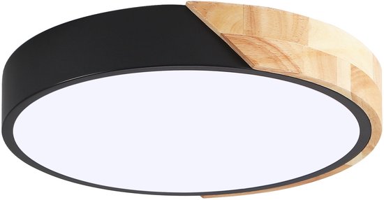 Ronde plafondlamp met een matzwart frame gecombineerd met een lichtbruin houten accentstuk.