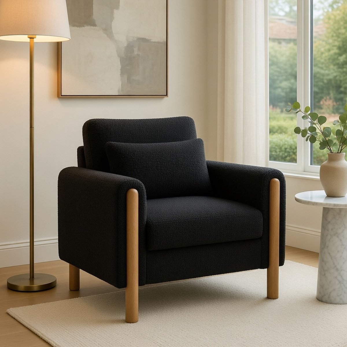 Komhtom - Moderne fauteuil met dik kussen - comfortabele eenpersoonsfauteuil met zachte bekleding - relaxfauteuil voor woonkamer, kantoor of slaapkamer - grijs