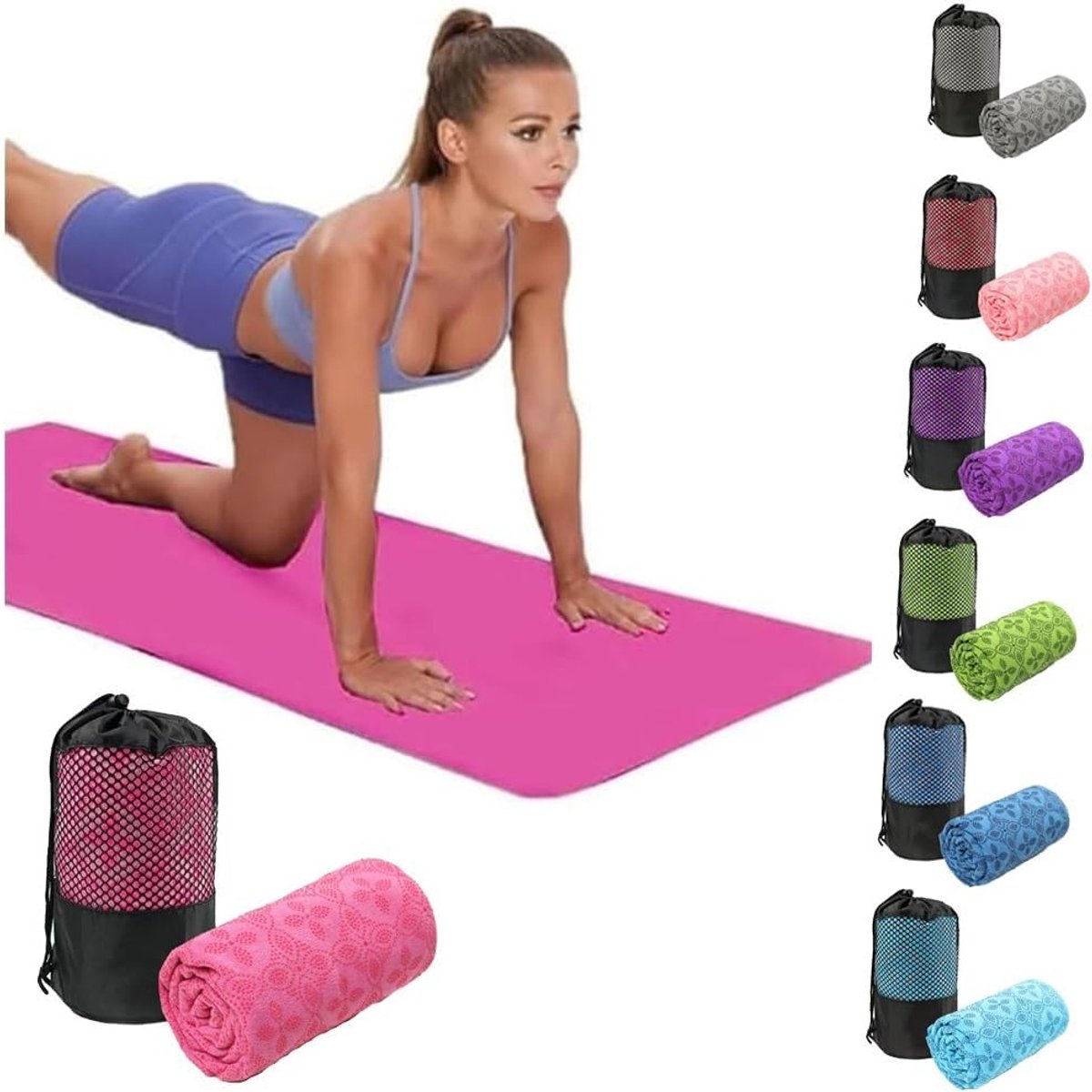 Absorberende Yoga Handdoek voor Zweet, Antislip en Sneldrogend, Ideaal voor Bikram, Pilates en Fitness met Mesh Draagtas
