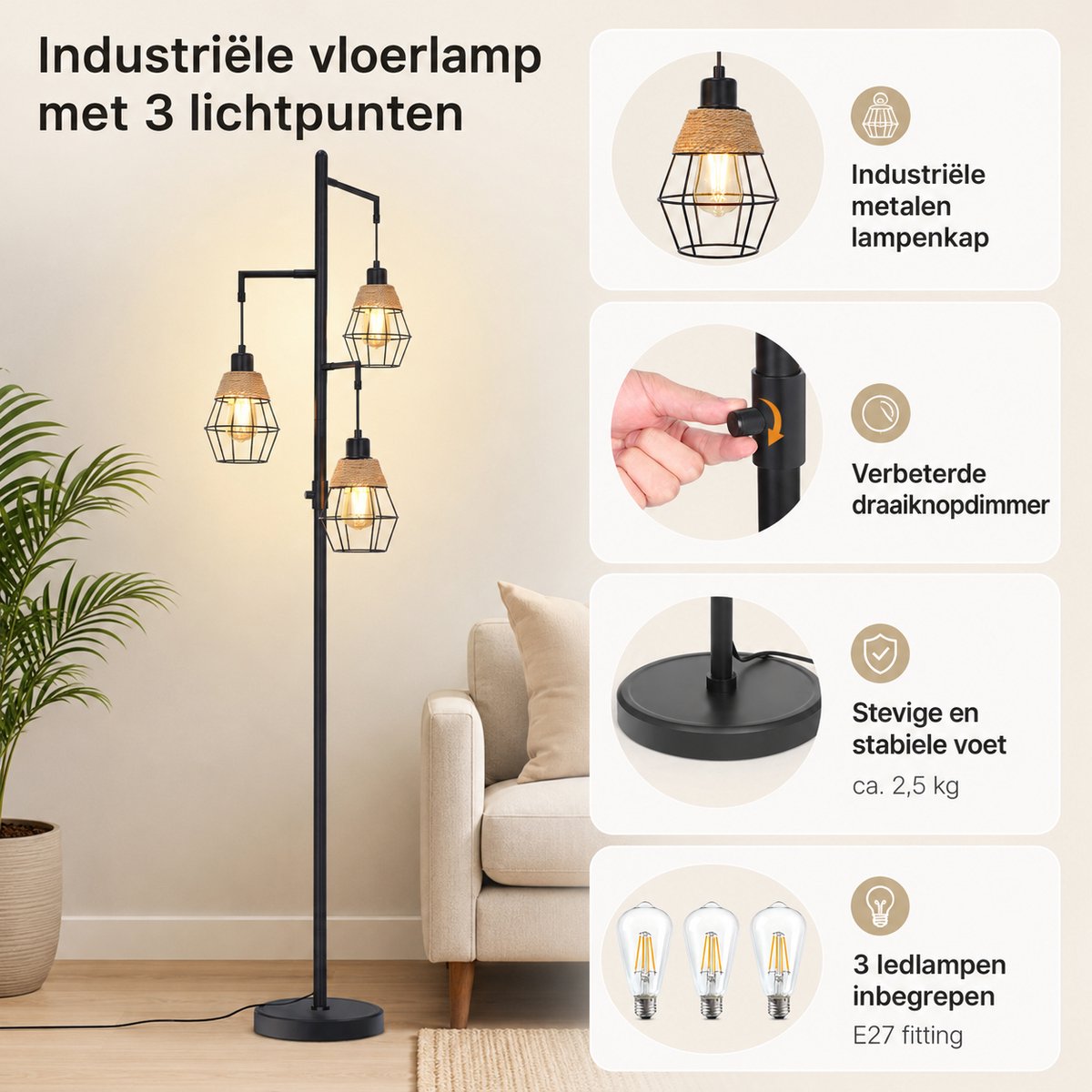 Rosnek Industriële Vloerlamp met 3-Lichts - Zwarte Staande Lamp - Vintage Metalen Leeslamp voor Woonkamer - Traploos Dimbaar - Lampadaire Industriel - Inclusief 3 LED Lampen thumbnail 4