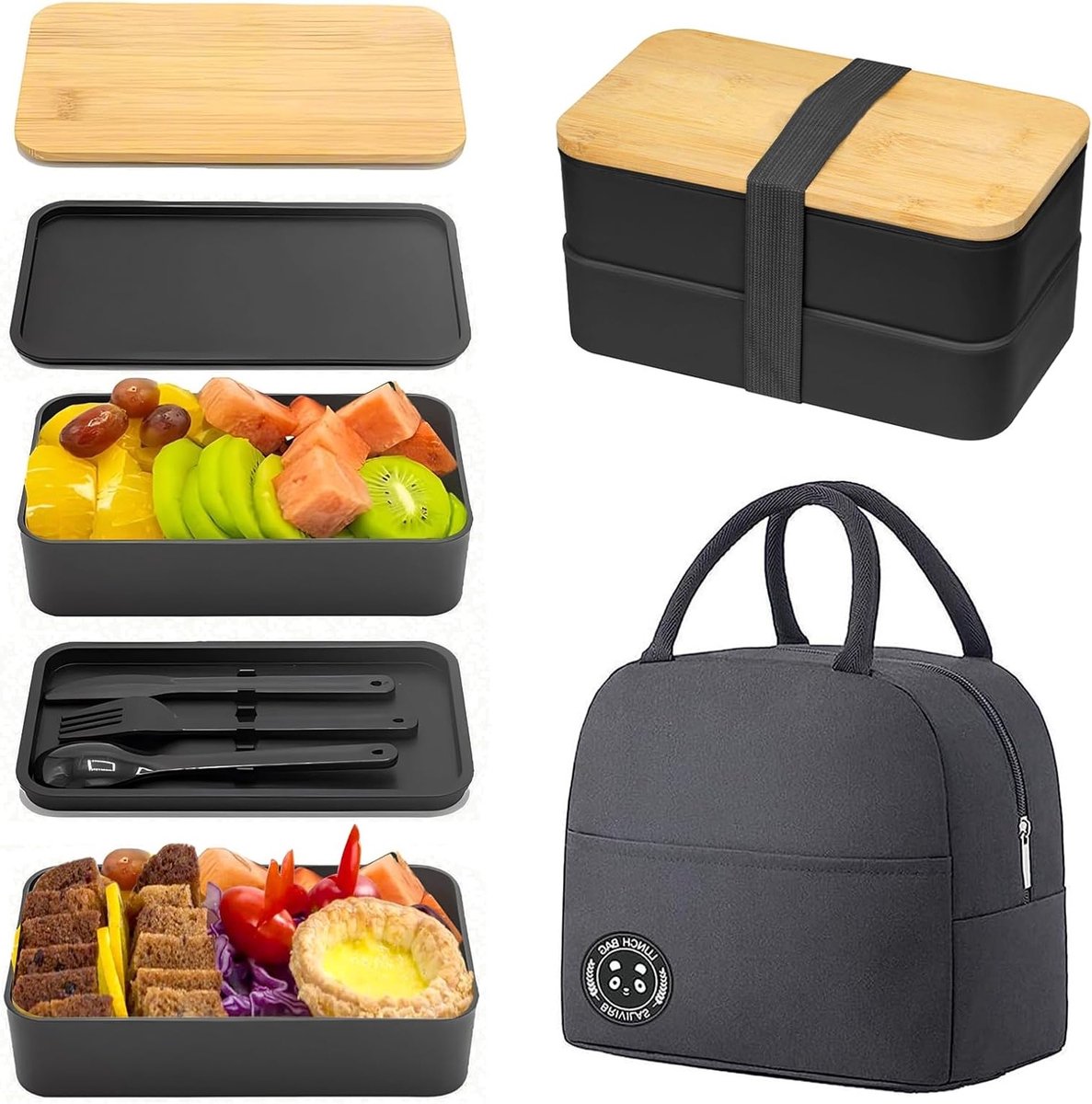 Lunchbox voor Volwassenen 1200 ml met Bamboe Deksel, Inclusief Bestek en Tas, Ideaal voor Werk en School, Stapelbaar en Duurzaam