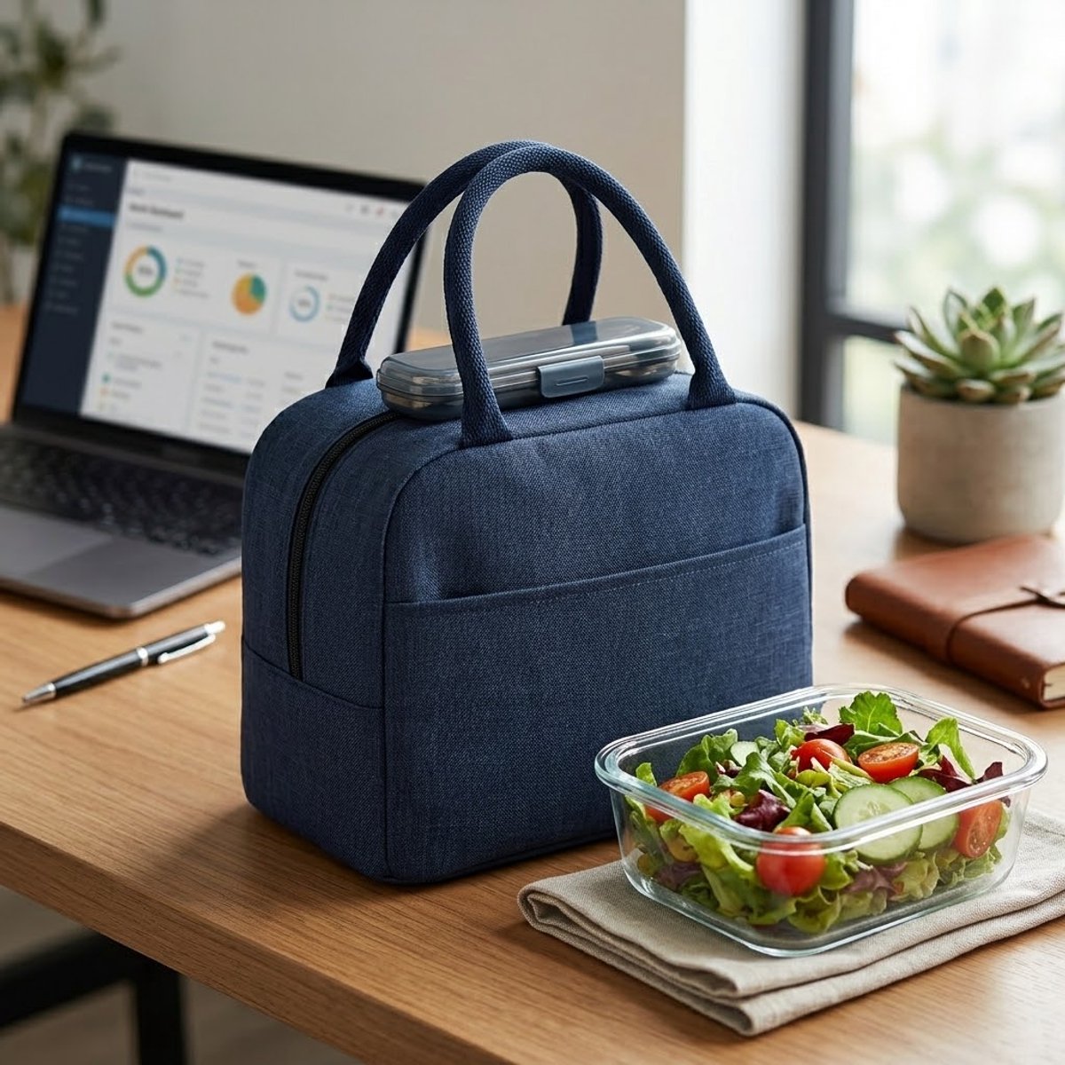 Donkerblauwe koeltas dames en heren draagbare handtas lunch tas geïsoleerde opberg tas met dubbele handgreep berenpatroon geschikt voor werk woon werkverkeer en vrije tijd compacte tote bag stijl — cadeau in Cadeau-ideeën - foto 5