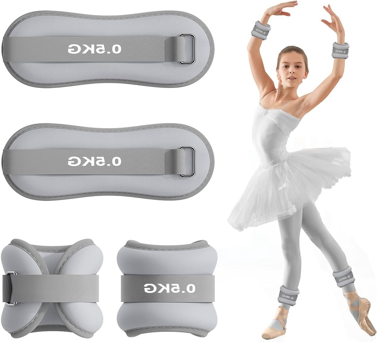 2 Pack Gewichten voor Enkels en Polsen, Ideaal voor Pilates, Yoga en Hardlopen (Grijs, 0.5kg)