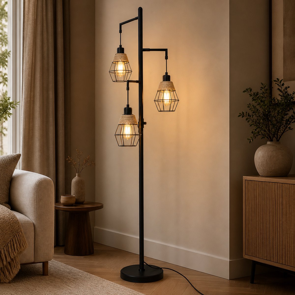 Rosnek Industriële Vloerlamp met 3-Lichts - Zwarte Staande Lamp - Vintage Metalen Leeslamp voor Woonkamer - Traploos Dimbaar - Lampadaire Industriel - Inclusief 3 LED Lampen thumbnail 2