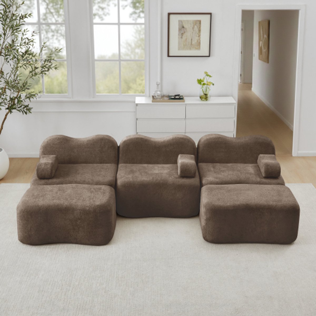 MODFU Modulaire Hoekbank - Golfvorm En Diepe Zitting - Voor Woonkamer - Fluweel - Bruin