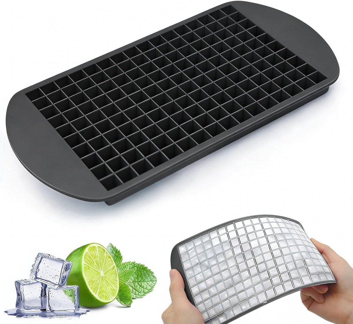 Siliconen ijsblokjesvorm voor 160 mini-ijsblokjes, perfect voor drankjes, cocktails en babyvoeding, zwart, 1 x 1 cm