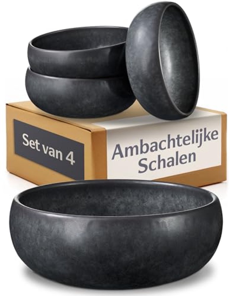 Kommen Set 4 Stuks - Keramische Müslikommen 750 ml - Minimalistisch Zwart - Saladekom voor Rijst, Cereal & Bijgerechten - Tafelservies Magnetron & Vaatwasser