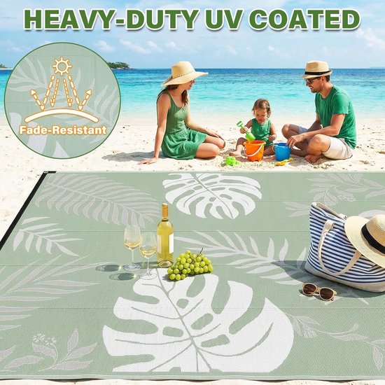 GOTGELIF Buitentapijt 270x370 cm - Outdoor Rug, Water- & Slijtvast, Omkeerbaar, Plastic Stro, Voor Patio, Tuin, Camping & Camper - Groen Bladeren Patroon — afbeelding 4
