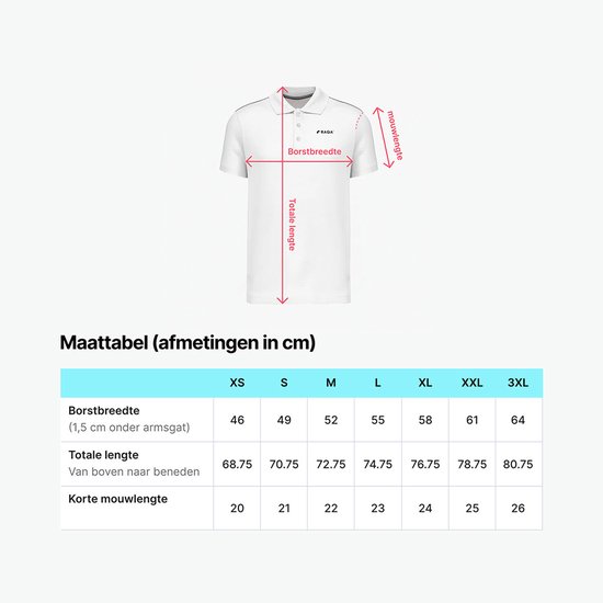Maattabel voor een wit poloshirt met afmetingen in cm.