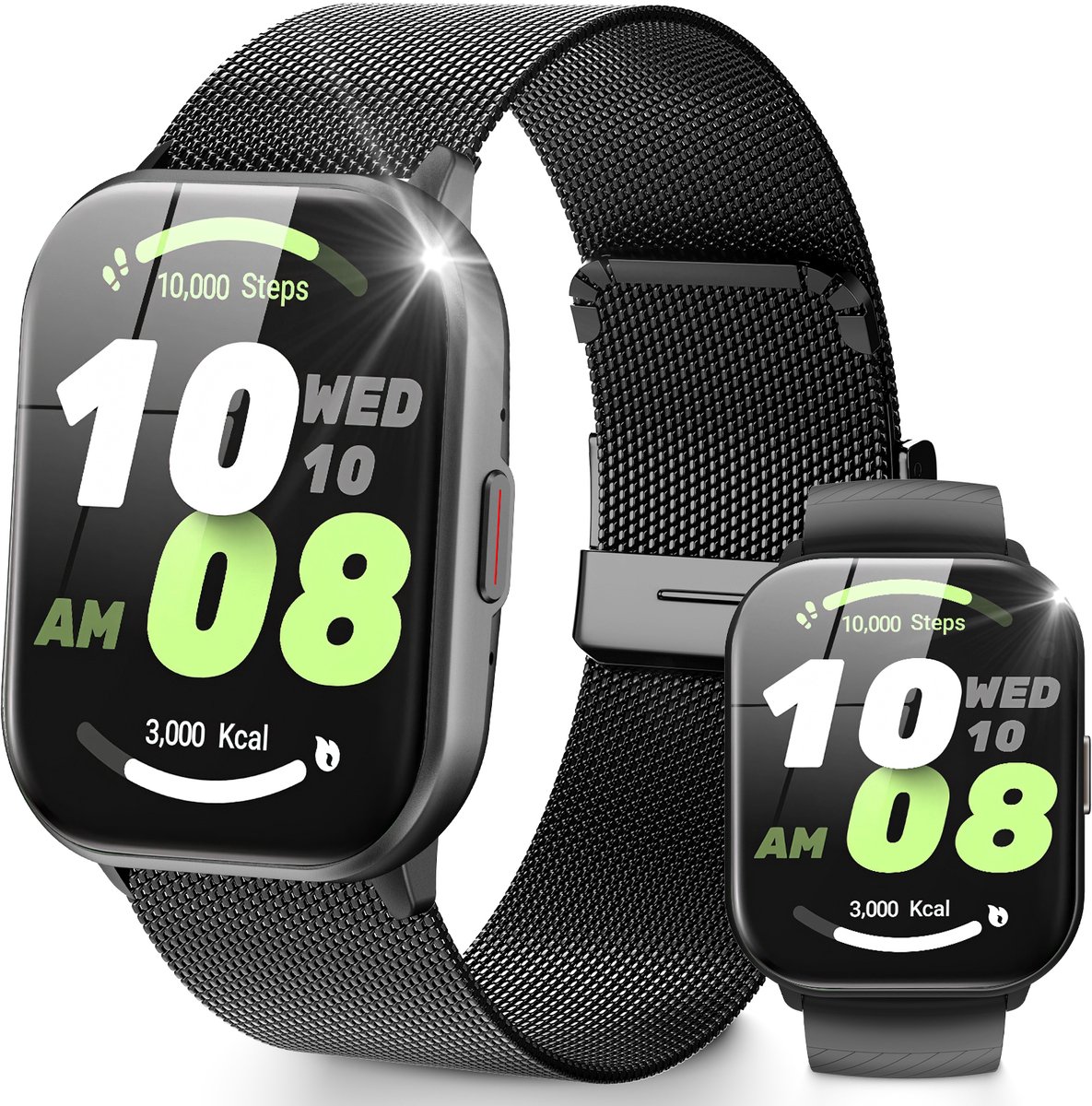 Smartwatch voor dames en heren – met belfunctie en sms-ontvangst – Bluetooth 5.3 fitnesshorloge – IP67 waterdicht sporthorloge – met bloedzuurstof, hartslag, slaapkwaliteit, stappenteller en muziekbediening – zwart (siliconen band + stalen band)
