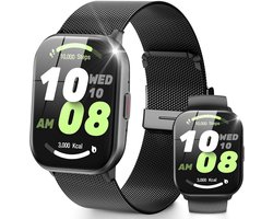 Smartwatch - Belfunctie - Unisex horloge - Waterbestendig voor dagelijks gebruik - Met hartslagmeting, slaapmonitoring, stappenteller en muziekbediening - Compatibel met Android en iOS - Zwart (siliconen band + stalen band)