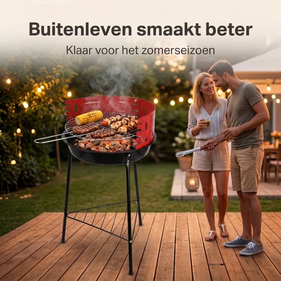 Cheqo® Houtskoolbarbecue op Poten - Staande Barbecue met Windscherm en Chromen Grillrooster - Houtskoolgrill - Halfopen BBQ voor Tuin en Balkon - Houtskool Grill - Camping Barbecue - Tuinbarbecue - Kolen BBQ - met Onderrek - Zwart van Cheqo — afbeelding 5