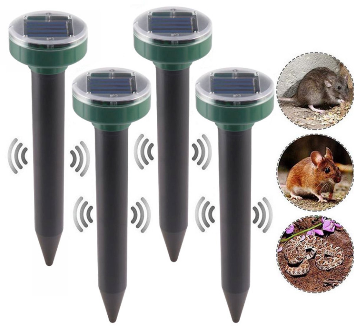 Oneay Mollenverjager op zonne-energie (4-pack) – Ultrasone slangenverjager, verjager voor bosmarmotten en goffers – Sonische pinnen tegen mollen, slangen, goffers en veldmuizen – Voor gebruik buiten in gazon, tuin en erf