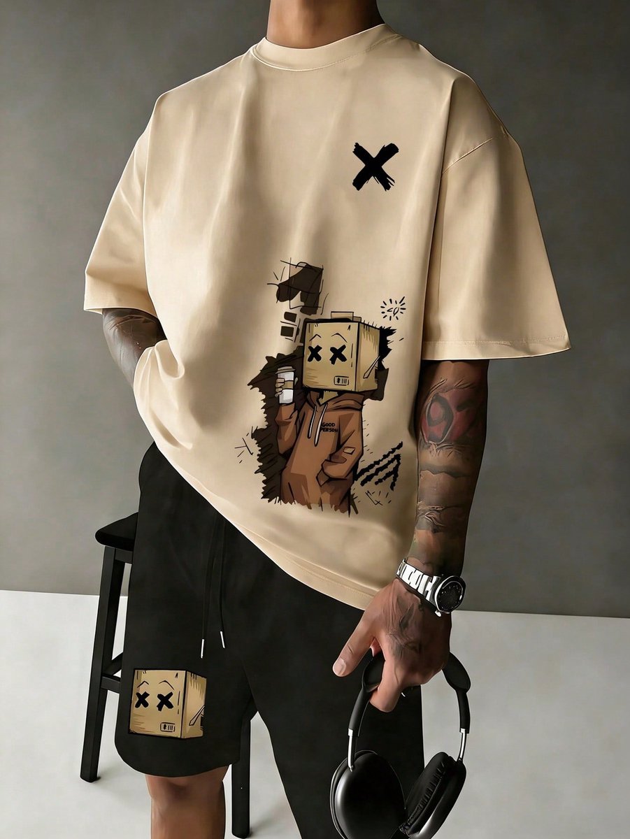 Stijlvolle en Comfortabele Heren Pyjama Set met ‘Kartonman’ Schriftprint Zachte Katoenmix Perfect voor Ontspannen Dagen en Nachten 2XL-3XL Beige