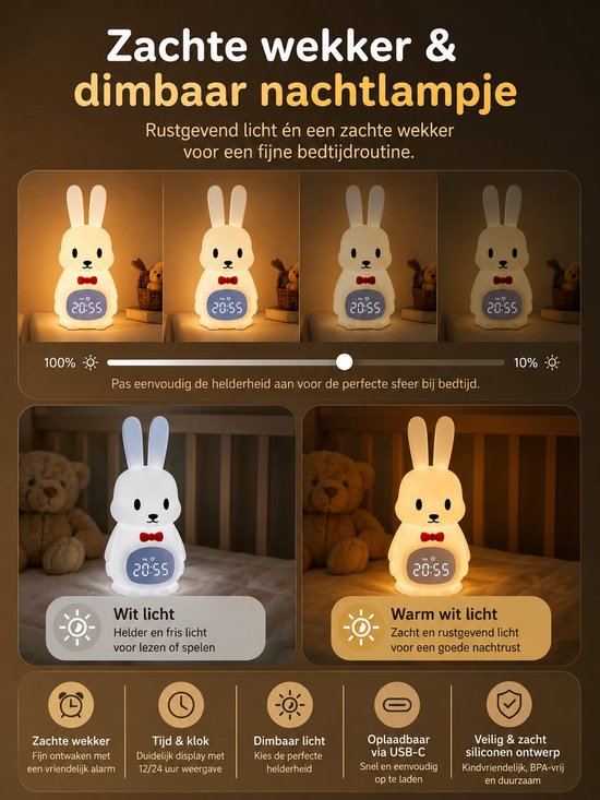 Goldenberry® Konijn Kinderwekker & Nachtlampje - Dimbaar Licht - USB-C Oplaadbaar - Zachte Slaaphulp voor Kinderen & Peuters - Slaaptrainer van Merkloos — afbeelding 2