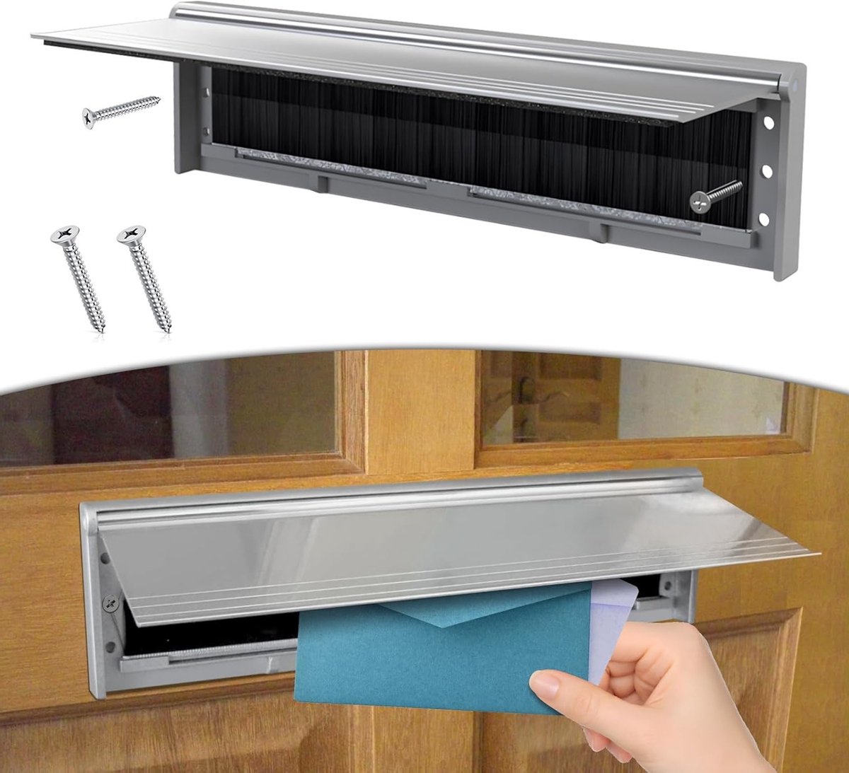 SnelShoppen - Briefkastdeksel met borstel, 11,5'' brievenbusklep voor voordeur, aluminiumlegering postletterbord, brievenbus sleuven wandmontage, zilv