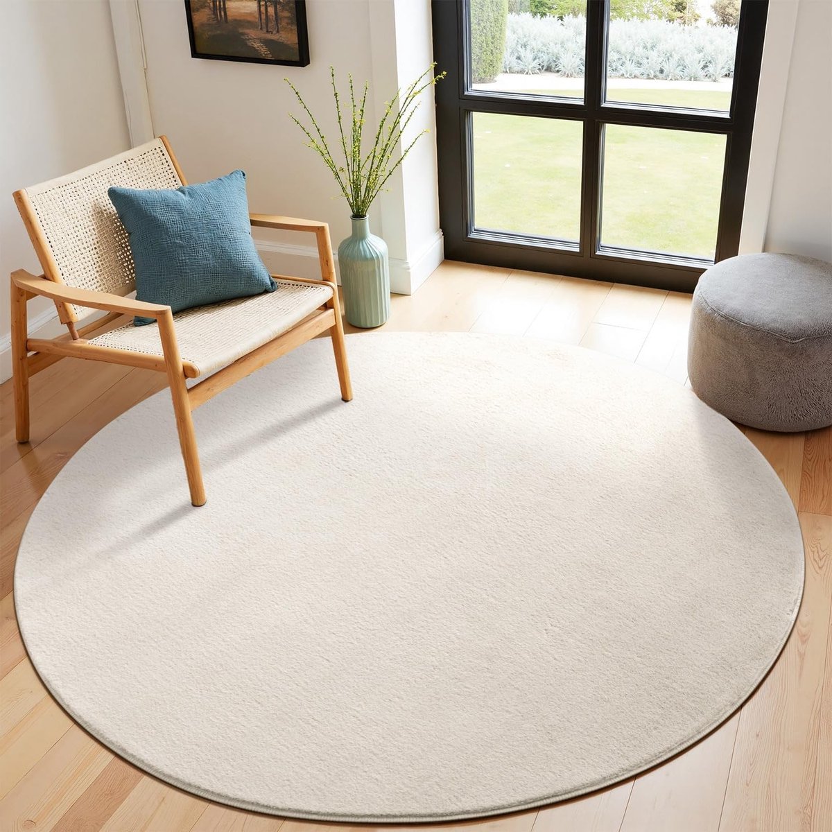 Beige Rond Vloerkleed van 160 cm, Faux Fur, Fluffy en Wasbaar, Ideaal voor Woonkamer en On
