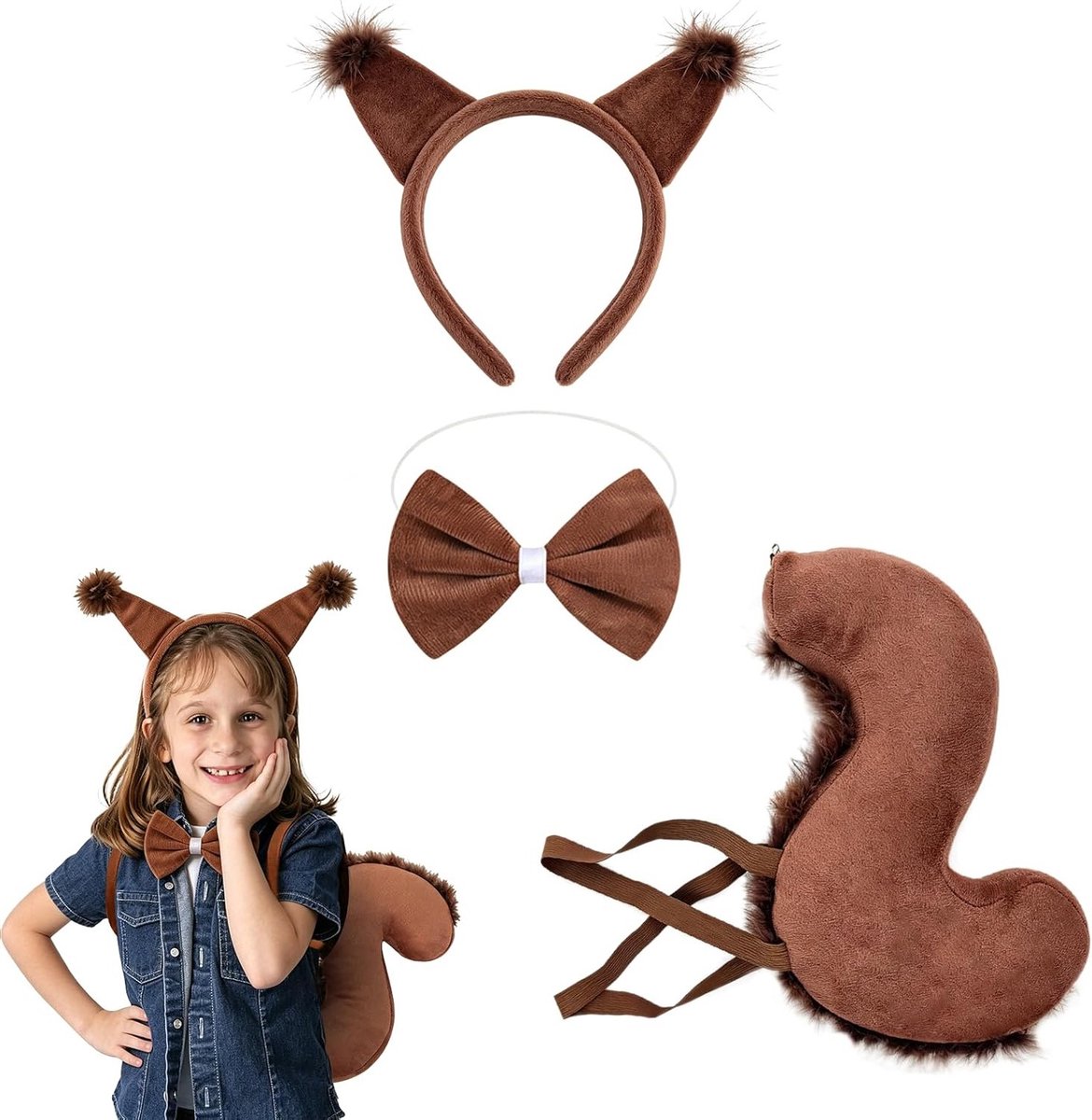 Eekhoorn kostuum voor kinderen met oren, staart en vlinderdas voor rollenspellen, verjaardagen en Halloween feesten