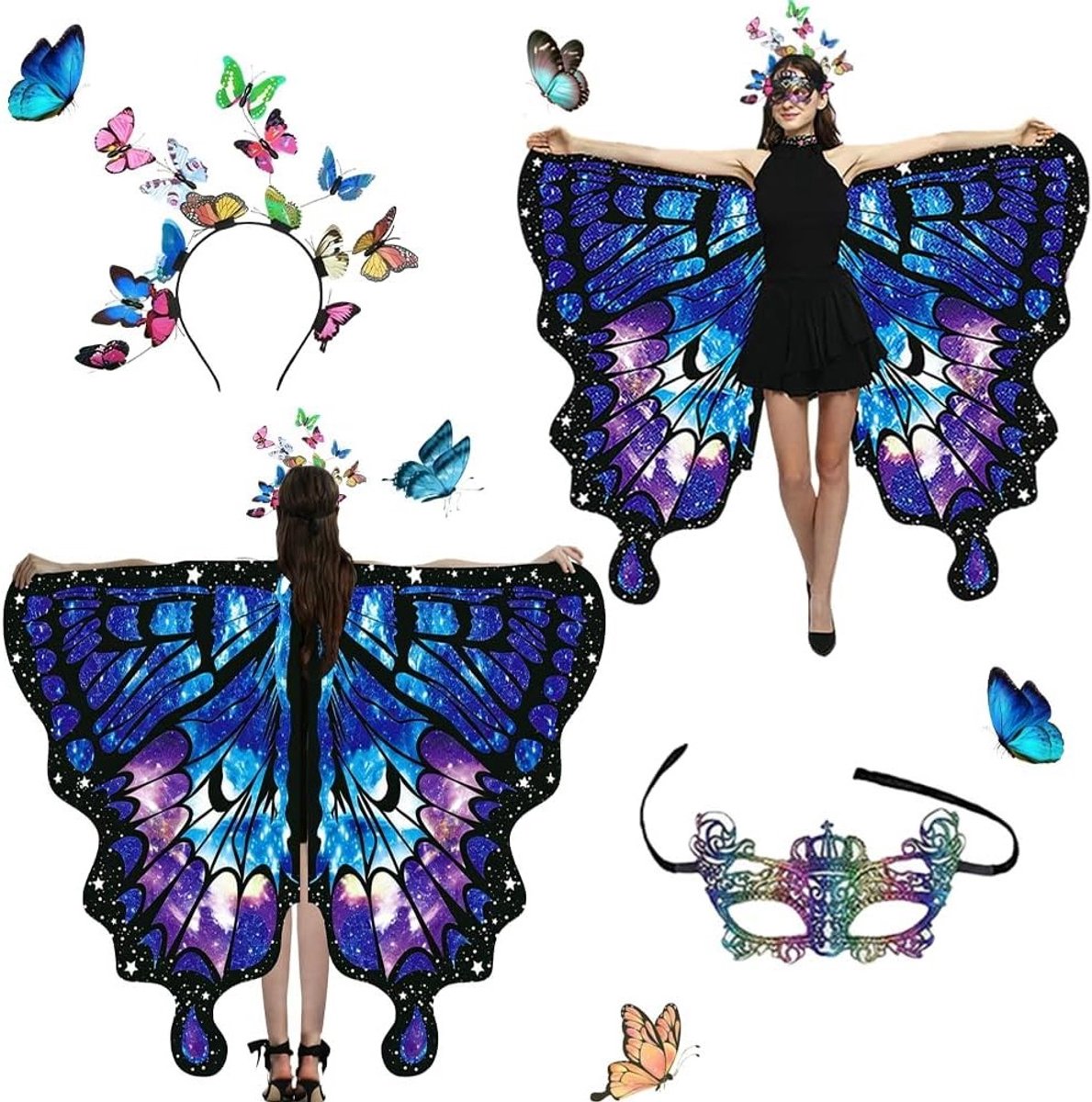 Vrouwelijk Vlindercostuum met Kant, Drie Delige Set met Vleugels en Cape voor Carnaval en Cosplay